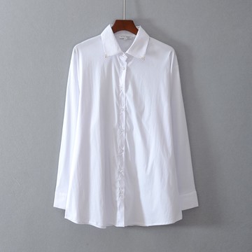 夏款女裝直筒寬松百搭長袖翻領釘珠襯衫氣質顯瘦時尚潮