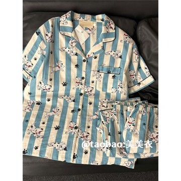 2025新款條紋卡通小狗短袖情侶睡衣女休閑開衫男士家居服三件套裝