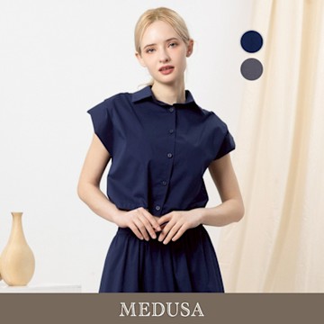 現貨【MEDUSA 曼度莎】簡約擴肩短版抽繩襯衫 - 2色（M-XL）｜女短袖襯衫 短版上衣 休閒上衣