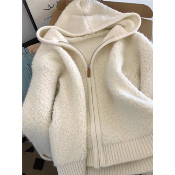 高級感米白色羊羔絨連帽拉鏈開衫毛衣女春秋新款慵懶軟糯針織上衣