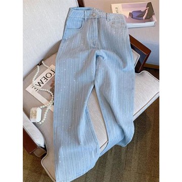 特大碼300斤小香風設計感條紋直筒牛仔褲女胖妹妹個性印花闊腿褲