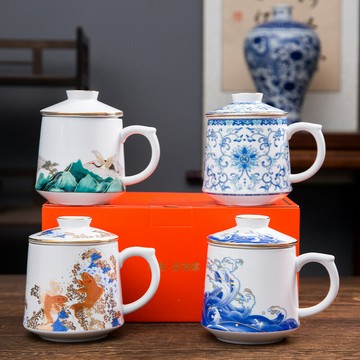 馬克杯 水杯 隨手杯 牛奶杯 三件套高白泥陶瓷辦公杯帶手柄過濾網國潮文創茶水分離水禮品杯子