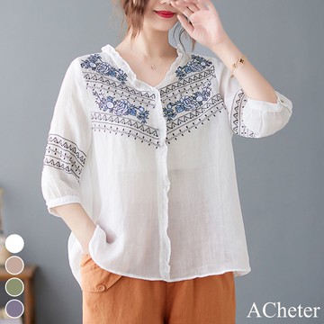【ACheter】木耳邊刺繡棉麻寬鬆襯衫上衣# 113254(現貨+預購)