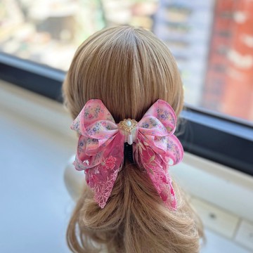 獨家蕾絲蝴蝶結相交夾香蕉夾仙女夾髮夾-粉紅華麗古風