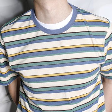 作夢家夏季新款日系經典撞色薄款寬松圓領寬條紋T恤男短袖上衣潮