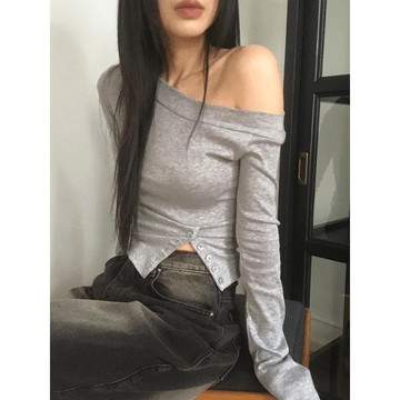 Codibook｜韓國 wonderwonder 單肩露肩排扣長袖T恤［預購］長袖上衣 T恤 女裝