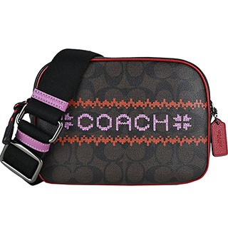 COACH 壓印LOGO撞色緹花直紋織布斜背相機包(卡其)