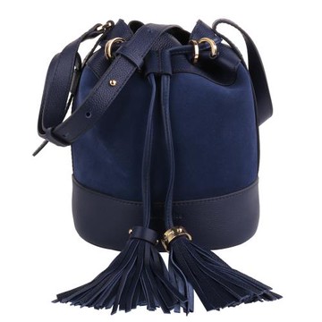 See by Chloe 麂皮拚皮革流蘇拉束水桶包(深藍) M