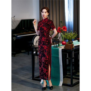 羅蘭春夏新款復古修身旗袍絲絨長款顯瘦高端宴會氣質民國風連衣裙