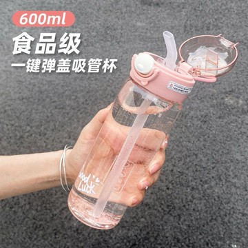彈蓋夏季水杯細長款簡約食品級透明吸管式杯子加厚耐摔耐高溫手提戶外運動 高清透明 長時間戶外活動實用喝水器具 吸管水壺