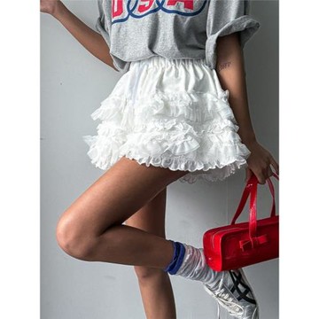 韓國東大門夏季新款白色蛋糕半身裙蕾絲花邊甜酷少女感蓬蓬短裙褲