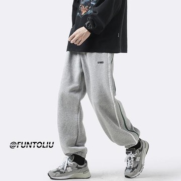 灰色運動褲男春秋新款寬松束腳休閑褲側邊條紋褲子男士重磅衛褲潮