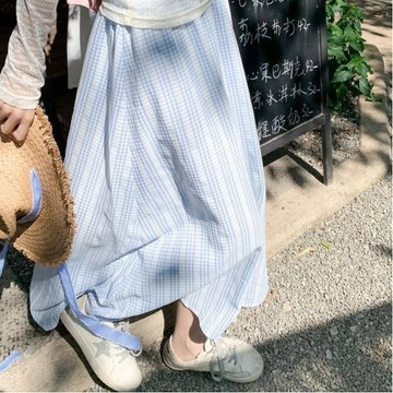 【PING'S🌞】夏季 藍色 格子 背心洋裝 女 高腰 休閑半身裙  半身裙 長裙 日系洋裝 半身裙 口袋裙 日系夏裝