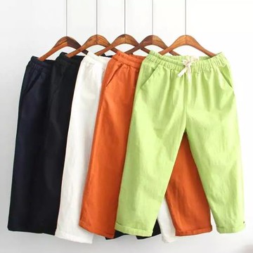 胖妹妹mm大碼糖果色七分褲夏棉麻彈力高腰學院風哈倫小腳寬松顯瘦
