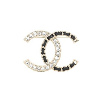 CHANEL CC Logo 水鑽及皮穿鍊設計胸針(金色)