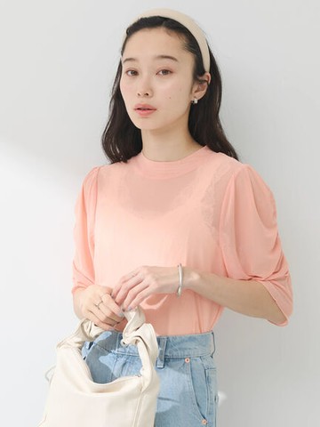 透明感抽褶設計五分袖上衣(1M42L1B0100) - earth music&ecology