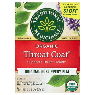 Traditional Medicinals, 有機 Throat Coat®，未加工紅榆樹，無咖啡萃取，16 獨立茶包，1.13 盎司（32 克）