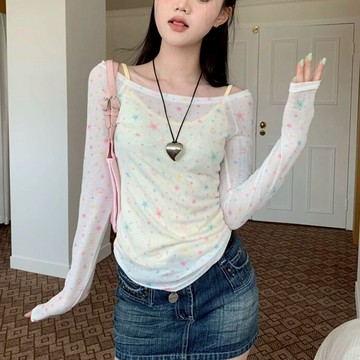 ZUCA”S - 美式甜妹ins風設計感星星印花修身薄款長袖小吊帶背心上衣 - E-15