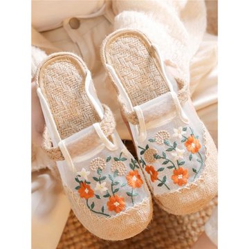 老北京布鞋女夏款網紗布拖鞋亞麻防滑圓頭外穿繡花漢服鞋輕便透氣