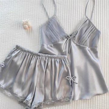 小吊帶睡衣女款夏季冰絲綢2025新款銀色深v領性感開叉大碼兩件套
