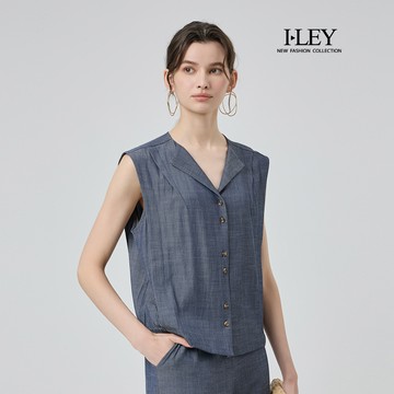 ILEY伊蕾 無袖翻領縲縈前開釦牛仔背心(藍；M-XL)