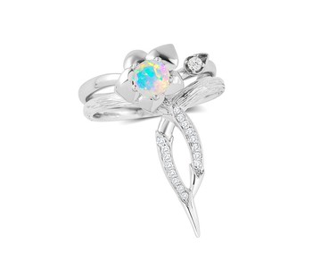 彩歐泊14k鑽石訂婚結婚戒指套裝 花卉白金戒指組合 蘭花藤蔓戒指