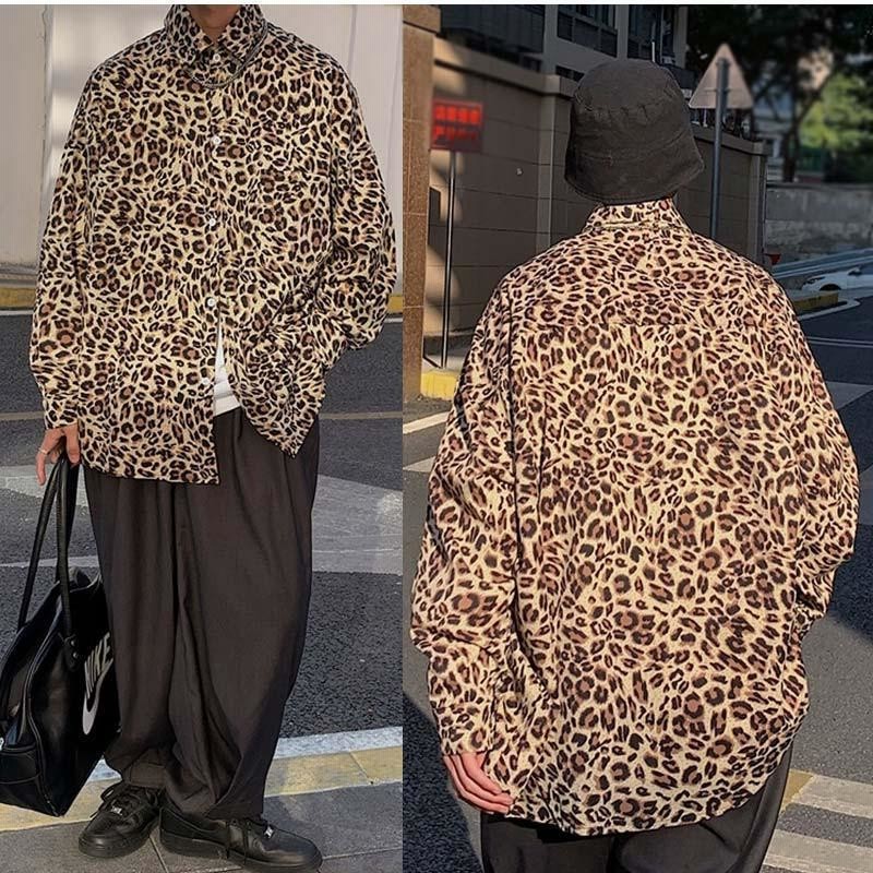 羽根×豹柄 ハンサム ボトミングシャツ ゆったり エレガント 長袖シャツ メンズ 柄シャツ 豹柄 折り襟 前開き トップス