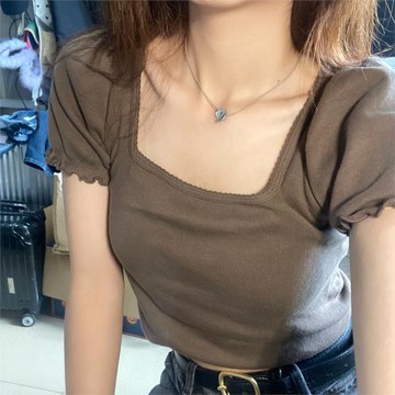 Brandy girl純欲奶咖色方領泡泡袖短袖T恤女虞書欣BM風上衣短款