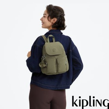 『猴子包』Kipling 鼠尾草綠掀蓋多袋收納後背包-CITY POCKET MINI