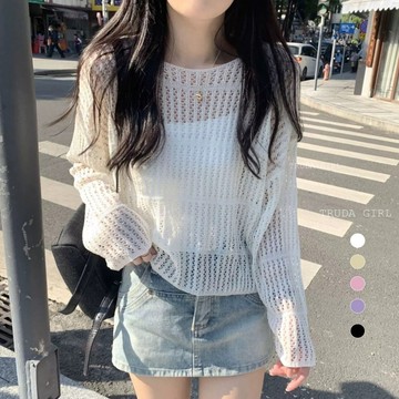 《杜達女孩》甜森芙妹 長袖鏤空上衣 透膚上衣 外搭洞洞罩衫上衣 透視洞洞上衣 寬鬆上衣 春裝秋裝 防曬罩衫上衣 鏤空針織