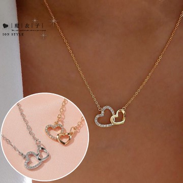 【Q50A64】魔衣子-愛心項鏈雙桃心吊墜鎖骨項鏈