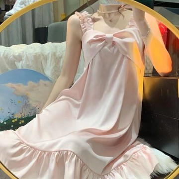 夏日新品🌸夏季睡衣 純棉睡裙 吸汗透氣 女生睡衣 家居服 涼感睡衣 揹帶純色慵懶花邊拼接印花夏天蝴蝶結睡衣純欲風夏季新