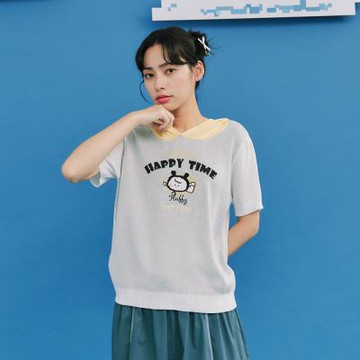 【Dailo】棉花糖女孩圖案撞色連帽短袖針織上衣 白 米 灰