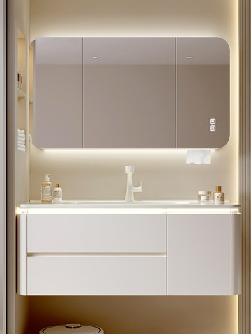 奶油風浴室柜陶瓷一體盆衛生間洗臉盆洗手盆圓角洗漱臺衛浴柜組合/洗手盆/洗臉盆/洗漱盆/陶瓷盆/浴室盆/鏡櫃洗手盆一體式