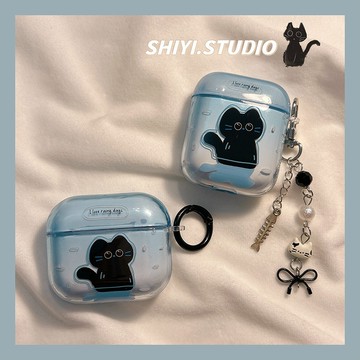 雨天可愛透藍小黑貓 適用於AirPods4保護套 新款3代蘋果耳機殼 卡通1/2代防摔殼 Airpods Pro2保護殼