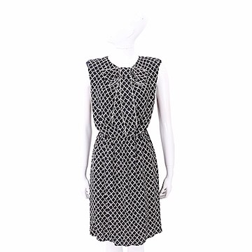 ELISABETTA FRANCHI 菱格印花蝴蝶結黑色雪紡洋裝