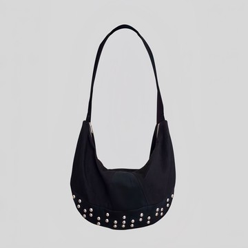 黑色丹寧布鉚釘大型斜背包 LARGE STUDDED DENIM HOBO BAG