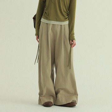 3顔色 褲腳毛邊長褲 日系寬褲 寬鬆舒適基礎款闊腿長褲 S-L