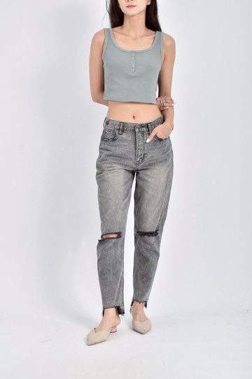 (M) american eagle高腰丹寧牛仔棉質刷破水洗灰色長褲