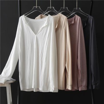 寬松加大版型長袖T恤女夏2025新款慵懶風薄款深V領插肩袖中長上衣