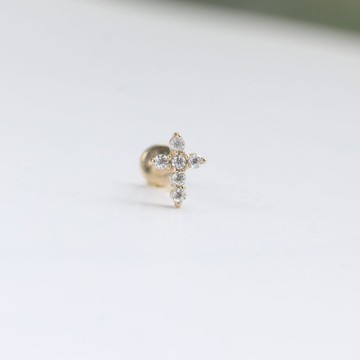 14K 十字架鑽鎖珠耳環 (前鎖 平底 圓餅) (單個)耳骨 耳窩 不退色