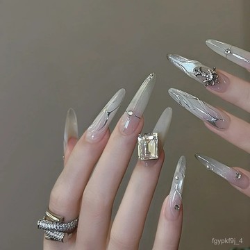 🎀純手工穿戴甲🎀純手工穿戴甲琉璃火燄金屬銀重工高級感星空貓眼爆閃方鑽氣質美甲新年美甲貼片高級感穿戴甲顯白美甲片 EPEI