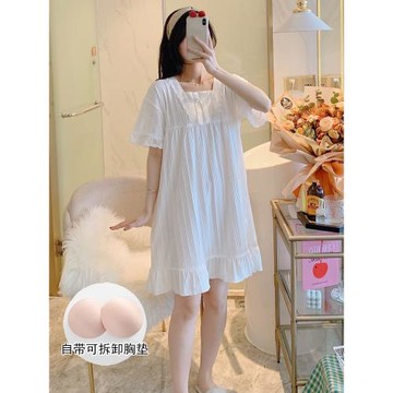 睡衣女夏季純棉帶胸墊甜美公主風寬松短袖睡裙家居服薄款孕婦可穿