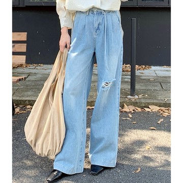 【HARPER】率性割破牛仔寬褲 附腰繩 | 現貨 牛仔褲 褲子 寬褲【PNA95140J】