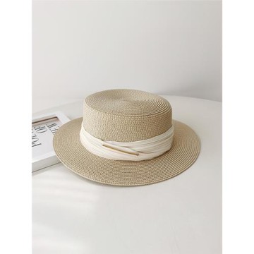 時尚英倫平頂草帽女夏天法式平檐禮帽韓版海邊遮陽網紅沙灘帽防曬