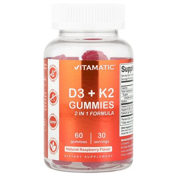 Vitamatic, D3 + K2 軟糖，天然樹莓味，60 粒