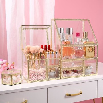 金色ins玻璃化妝品收納盒防塵梳妝臺桌面抽屜式大容量護膚品口紅