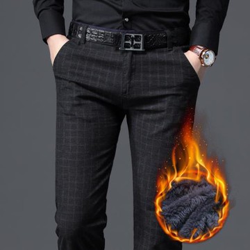 冬季加絨男士休閑褲韓版潮流修身直筒格子商務長褲秋冬加厚褲子男