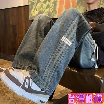 悅裳💎台灣免運💎青少年褲子男潮流鬆緊腰牛仔褲男春秋款寬鬆直筒闊腿高街美式長褲