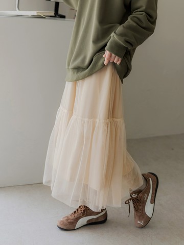 浪漫層次網紗腰鬆緊傘襬長紗裙